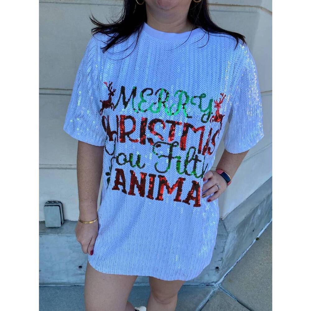 NEW WHY DRESS merry christmas you filthy animal sequin dress in white multi